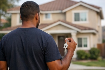Hombre de piel morena de espaldas, con camiseta oscura, sostiene llavero de casa y dos llaves frente a una vivienda unifamiliar de color beige.