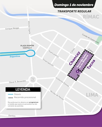 Mapa de calles de Lima con el trazo morado de una procesión y una línea celeste que indica un desvío vehicular junto a una plaza