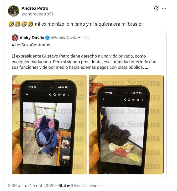 Andrea Petro recurrió a la ironía para referirse a la controversia familiar y a los comentarios sobre la vida íntima de su padre - crédito @andreapetro91/X