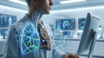 Hombre de perfil en laboratorio con una superposición digital que muestra un pulmón sano brillante y otro agrietado y oscuro, con datos de elasticidad y daño.
