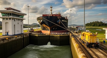 Un buque de carga en el centro de una esclusa del Canal de Panamá, flanqueado por una torre de control blanca y una locomotora amarilla.