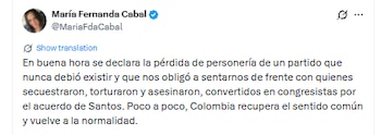 María Fernanda Cabal reaccionó a la desaparició jurídica del Partido Comunes - crédito