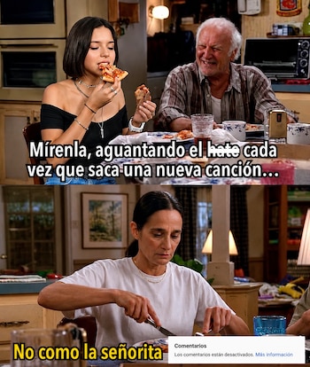 Meme de dos paneles: arriba, una joven comiendo pizza y un hombre riendo con texto "Mírenla, aguantando el hate"; abajo, mujer comiendo con texto "No como la señorita"