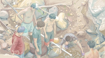 Ilustración de seis hombres en una zanja o lecho rocoso. Uno agachado manipula un tubo blanco. Otros observan o están de pie entre piedras y tierra.