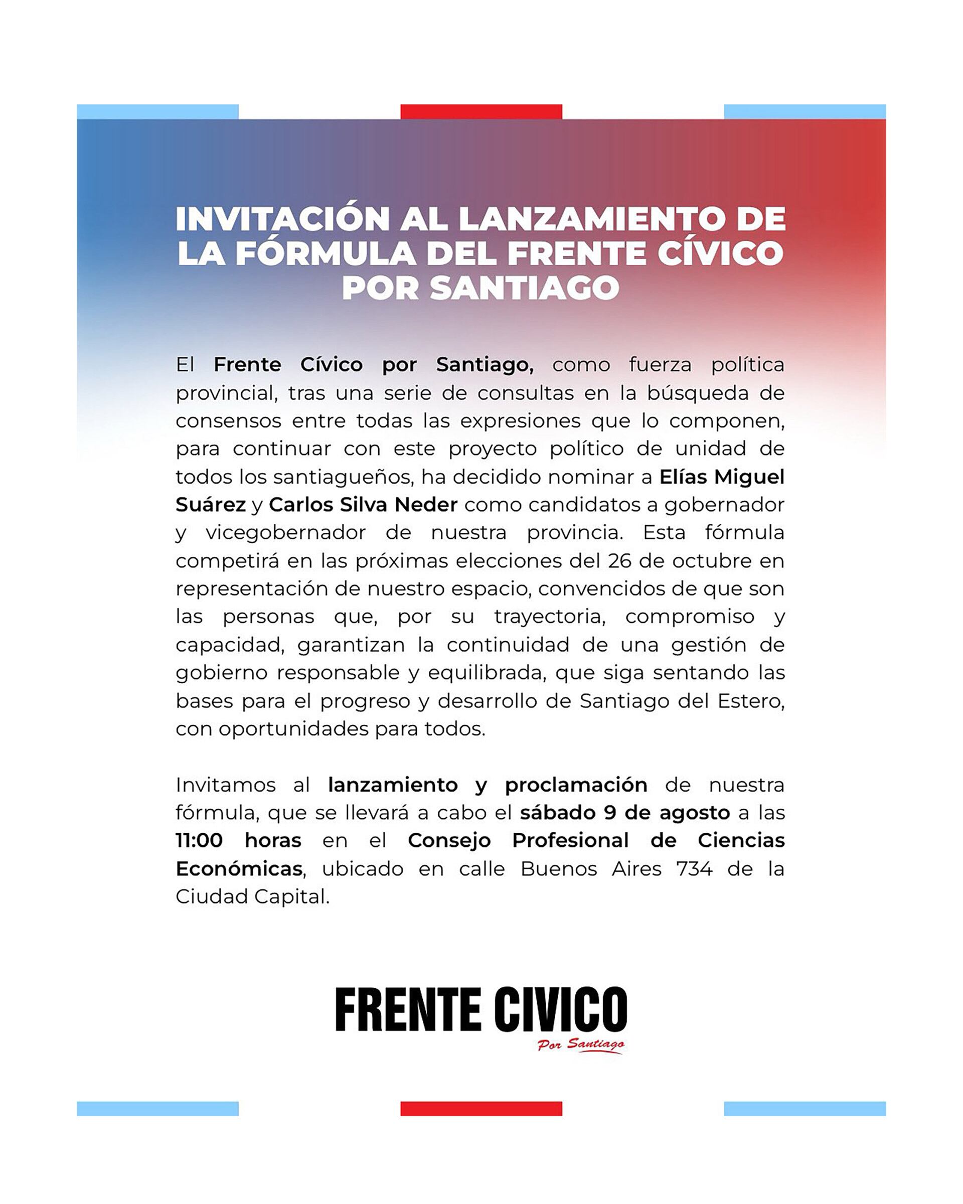 El anuncio con la fórmula de gobernador y vicegobernador
