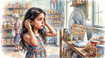 Ilustración en acuarela de una niña que llora frente a un ventilador de mesa con cartel de precio en un almacén de víveres.