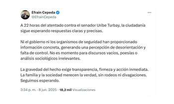 Efraín Cepeda y su indignación por el lento avance de investigaciones en el caso de Miguel Uribe