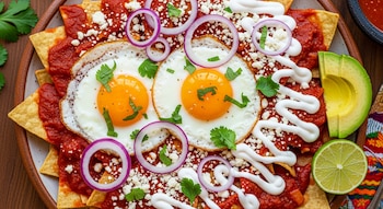 Plato de chilaquiles con tortillas, salsa roja, dos huevos fritos, queso, cebolla morada, cilantro, crema, rebanadas de aguacate y lima.