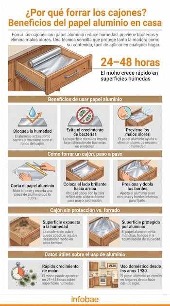 Infografía plana que muestra un cajón de madera abierto forrado con papel aluminio, junto a iconos de beneficios y pasos de instalación.