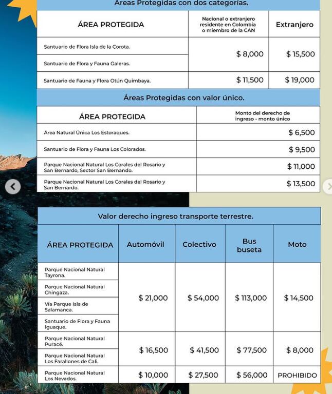 El ingreso de vehículos en parques nacionales implica cobros adicionales que varían según el tipo, y en algunos casos se prohíbe el acceso de motocicletas por motivos de conservación - crédito Parques Naturales Nacionales