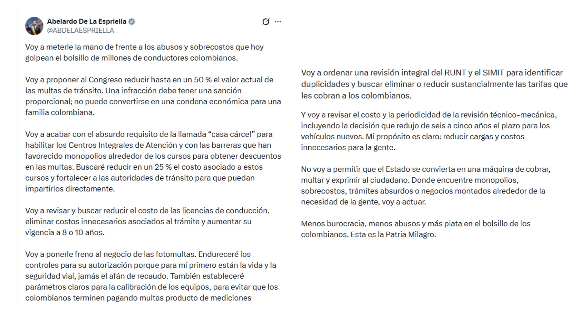 Este fue el anuncio de Abelardo de la Espriella sobre la política de tránsito en el país - crédito @ABDELAESPRIELLA/X