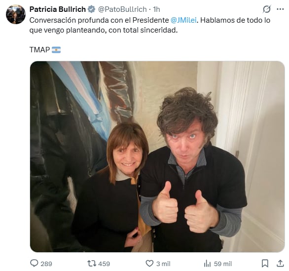 El tuit de Patricia Bullrich sobre su reunión con Javier Milei