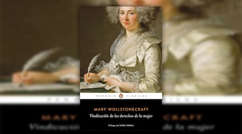 Cubierta de libro de Mary Wollstonecraft, con una pintura de mujer sentada que escribe con una pluma sobre un papel, sobre fondo negro.
