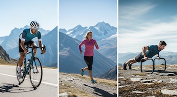 Imagen dividida en tres. Hombre ciclista en carretera; mujer corriendo en sendero; hombre haciendo flexiones con barras, todos en montañas.