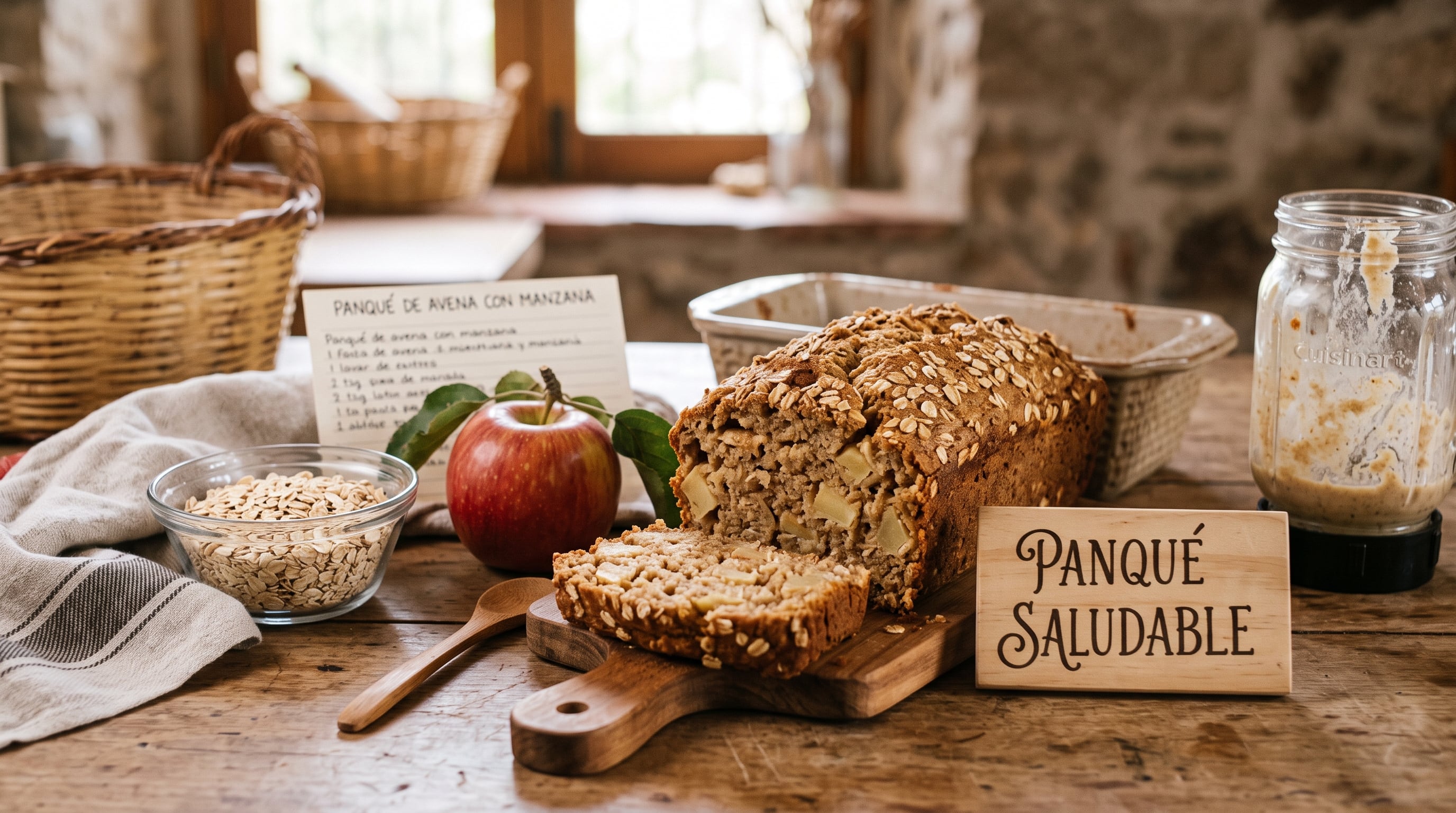 Un panqué de avena y manzana reposa sobre una tabla de madera junto a los ingredientes principales y su receta. (Imagen Ilustrativa Infobae)
