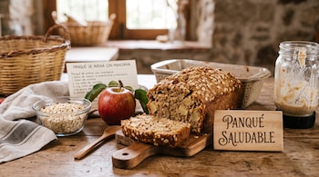 Un panqué de avena con una rebanada al lado, una manzana roja, un tazón con copos de avena y un letrero de madera.