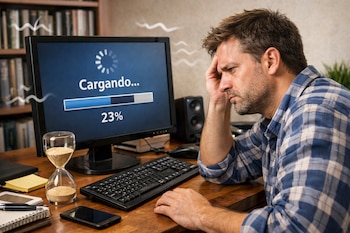 Un hombre mira con frustración una pantalla de monitor que muestra 'Cargando... 23%'. Sobre el escritorio hay un teclado, un celular y un reloj de arena.