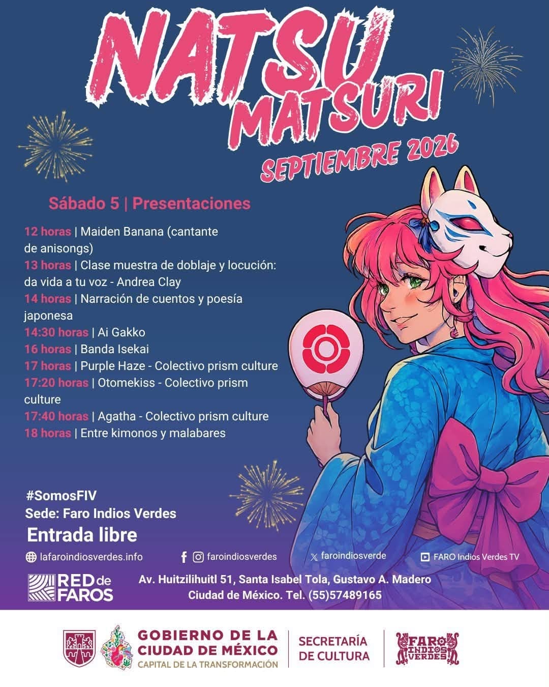 Presentaciones del sábado 5 de septiembre de 2026 en el centro cultural Faro Indios Verdes de la Ciudad de México. (FARO Indios Verdes)
