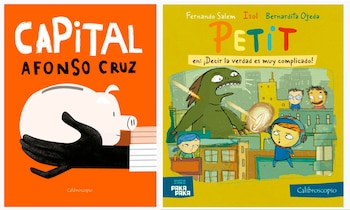 Dos portadas de libros infantiles. Una es naranja con una mano negra sujetando una alcancía, la otra amarilla con un monstruo verde y niños en una ciudad