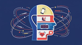 Ilustración plana de una cabeza de perfil, dividida con iconos de teléfono, luna tachada, alarma, corazón acelerado y notificación, rodeada por líneas curvas y puntos.