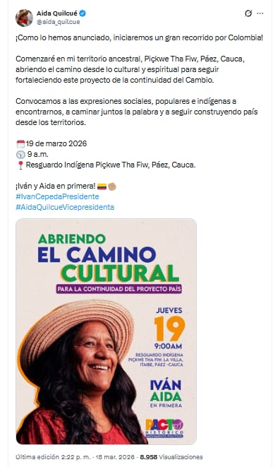 Con este mensaje en su perfil de X, Aida Quilcué confirmó fecha y hora para el inicio de su campaña a la vicepresidencia - crédito @aida_quilcue/X