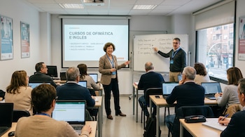 Dos instructores frente a una pantalla proyectada y una pizarra orientan a personas sentadas ante sus ordenadores portátiles en un aula.
