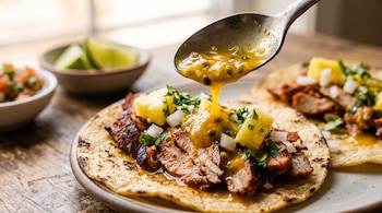 Una cuchara metálica vierte salsa amarilla con semillas sobre un taco de carne, piña y cilantro colocado en un plato.