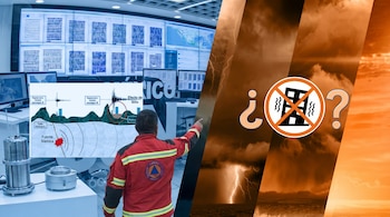 Composición de un centro sísmico con pantallas, experto y diagrama de falla geológica. A la derecha, una tormenta con relámpagos, un '¿' y un icono de sismo tachado.