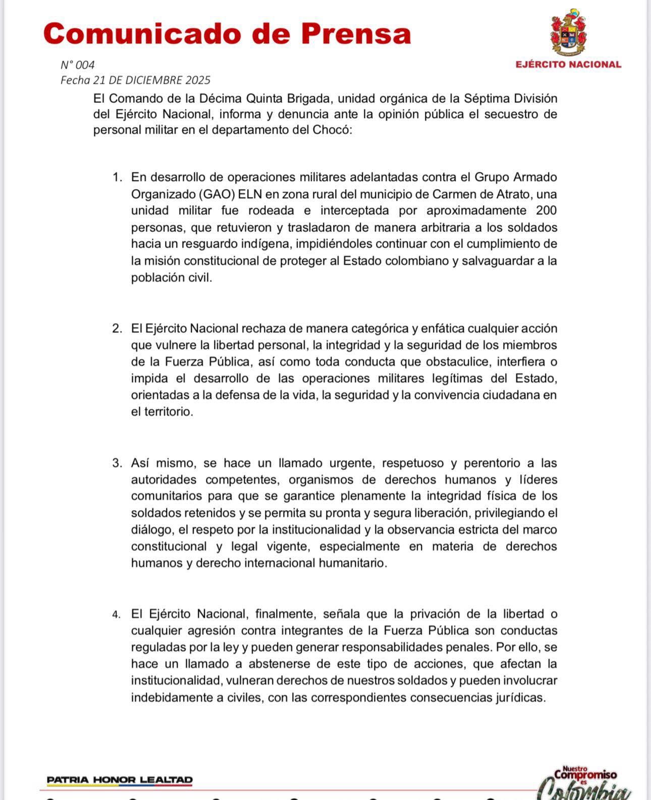 El Ejército Nacional denunció la retención arbitraria de sus miembros y exigió respeto por la integridad y libertad de los uniformados - crédito prensa Ejército Nacional