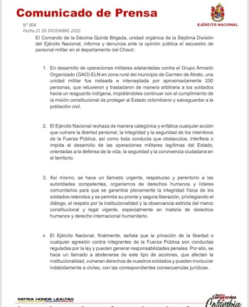 El Ejército Nacional denunció la