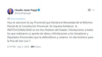 Publicación en la red social X de Claudio Javier Poggi con un mensaje sobre la ley de reforma constitucional de San Luis