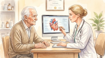Ilustración de una cardióloga rubia señalando un modelo 3D del corazón en un monitor a un paciente anciano en una consulta médica.