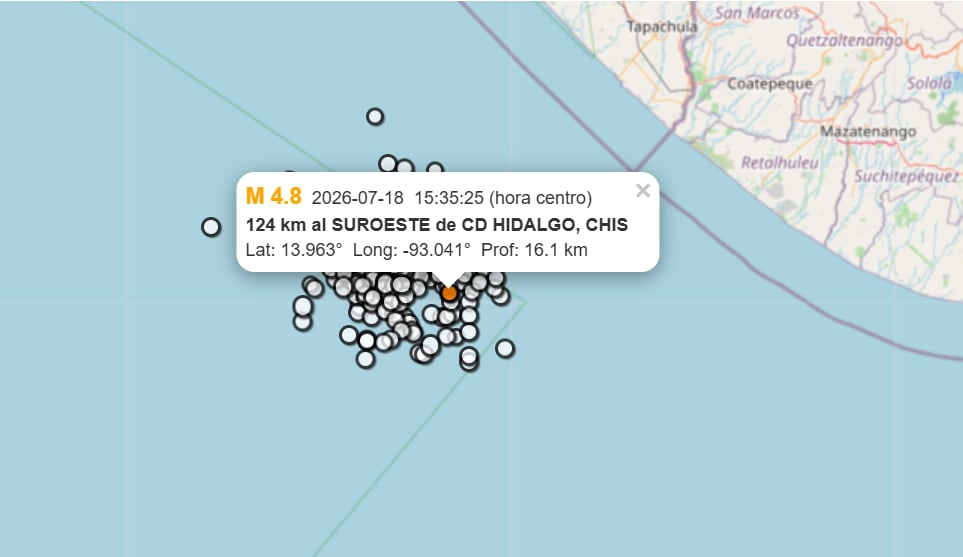 Sismo de 4.8 en Ciudad Hidalgo, Chiapas este 18 de julio. (Servicio Sismológico Nacional)