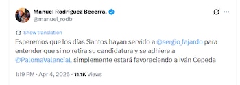 La petición de retirar la candidatura se anunció a través de la cuenta oficial de X del exministro de Ambiente - crédito @manuel_rodb/X