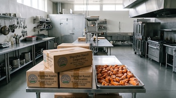 Cajas de cartón con etiquetas impresas y una bandeja con piezas de pollo congelado sobre una mesa metálica en una cocina industrial.