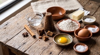 Piloncillo, harina, huevos, mantequilla, canela, anís estrella, agua y sal colocados en pequeños cuencos sobre una mesa de madera.