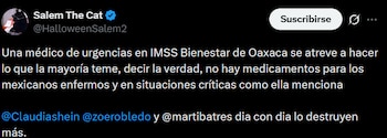 En la grabación, una doctora de guardia narra que atiende a una persona con probable infarto y otras complicaciones sin fármacos, con el electrocardiógrafo fuera de servicio y sin radiografías disponibles.