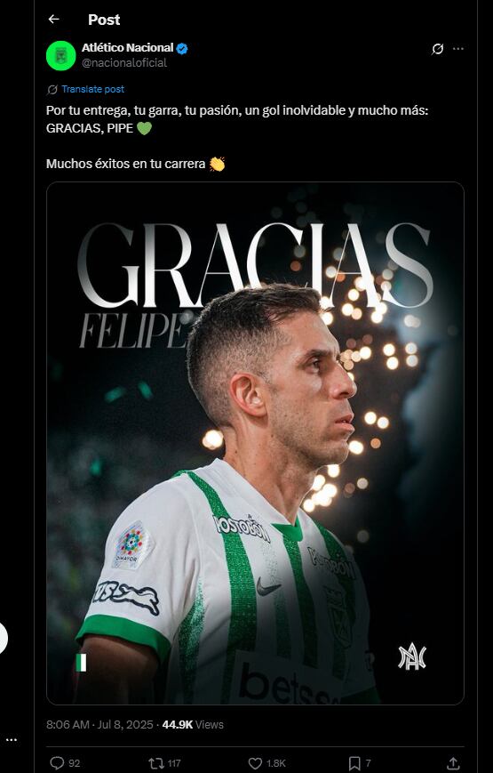 Así fue el momento cuando el cuadro verdolaga despidió al defensor central - crédito @nacionaloficial / X