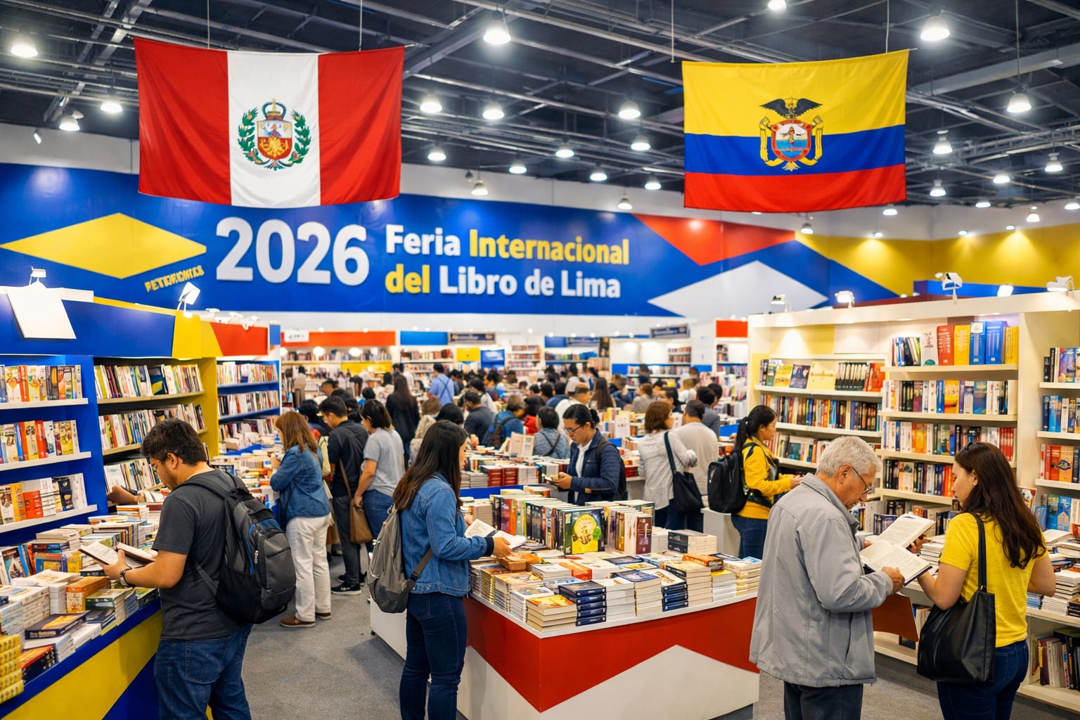 La fotografía muestra el interior de la Feria Internacional del Libro de Lima 2026, con stands de editoriales que exponen una diversidad de libros y un público numeroso que interactúa con la oferta cultural. (Imagen Ilustrativa Infobae)