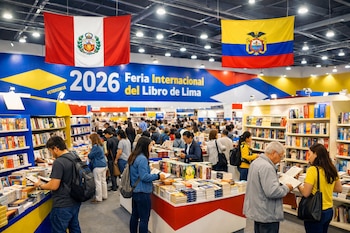 Interior de la Feria Internacional del Libro de Lima 2026 con stands de libros, público observando, banderas de Perú y Ecuador, y banners del evento.
