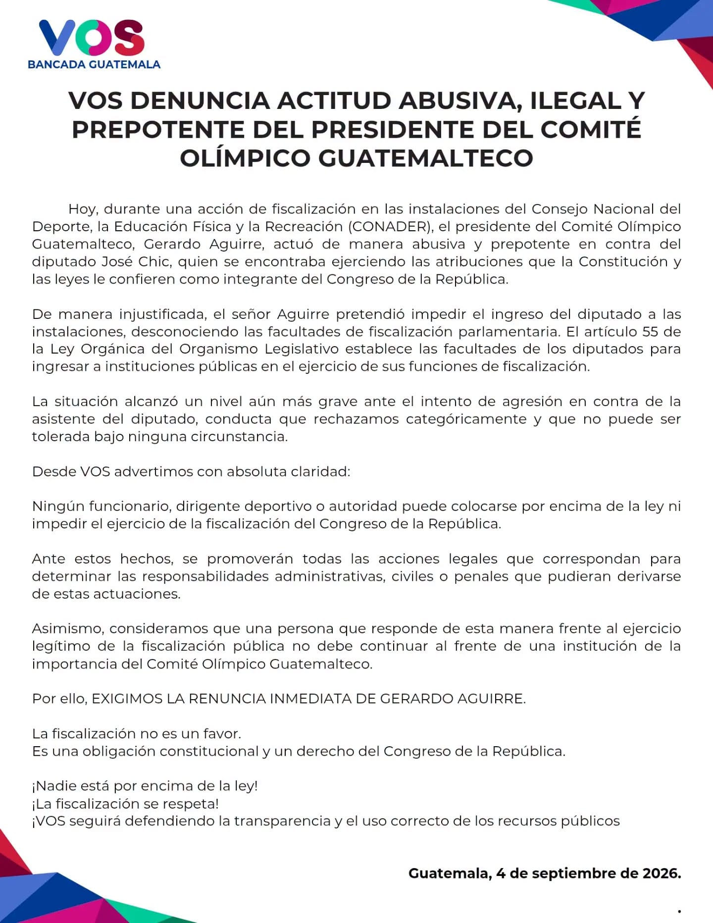 Un comunicado de la bancada VOS en Guatemala denuncia a Gerardo Aguirre, presidente del Comité Olímpico Guatemalteco, y solicita su renuncia tras un incidente durante una fiscalización. (Bancada VOS)