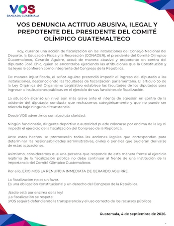 Documento impreso con el logotipo de la bancada VOS de Guatemala sobre la denuncia contra el presidente del Comité Olímpico Guatemalteco