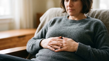 Una mujer vestida con un suéter gris permanece sentada en un sillón con las manos entrelazadas sobre su abdomen.