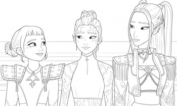 Dibujo en blanco y negro de tres mujeres de estilo animado con peinados elaborados y trajes con hombreras sobre un fondo claro