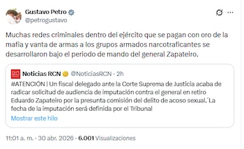 Petro criticó la gestión del general en retiro Eduardo Zapateiro en el Ejército - crédito @petrogustavo/X