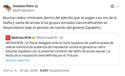 Petro criticó la gestión del general en retiro Eduardo Zapateiro en el Ejército - crédito @petrogustavo/X