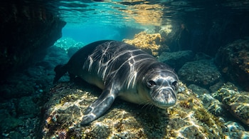 Una foca descansa sobre rocas bajo agua cristalina iluminada por reflejos de luz solar dentro de una cueva marina.