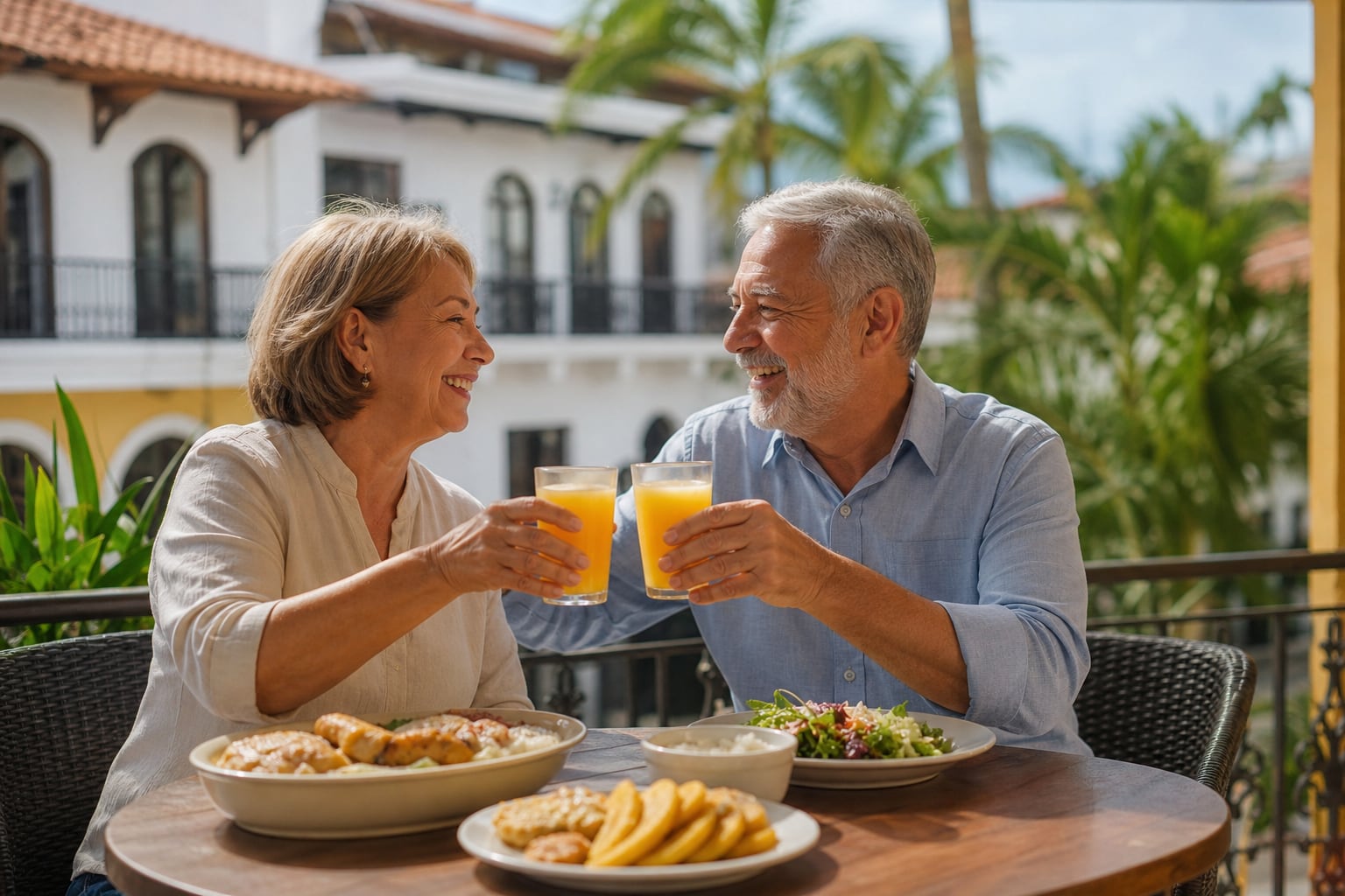 Una pareja de adultos mayores comparte un almuerzo con refrescos en la terraza de un restaurante colonial en Panamá. (Imagen Ilustrativa Infobae)