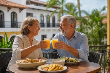 Un hombre y una mujer mayores brindan con vasos de jugo en una mesa con platos de comida, frente a un edificio colonial.