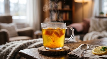 Taza de vidrio con té caliente y dos cubos anaranjados en su interior, sobre un posavasos de madera junto a una cuchara y una rodaja de limón.